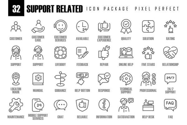 客户服务和支持 计划完美的Icon Pixel 细线集包含在线帮助 求助台 快速反应 反馈等图标 简单的网络图标设置 — 图库矢量图片