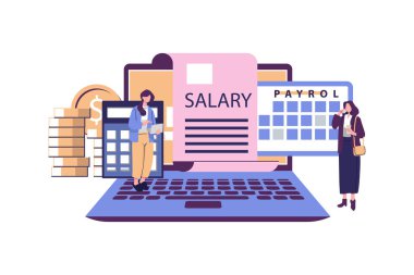 Maaş bordrosu sistemi, çevrimiçi gelir hesaplama ve otomatik ödeme, ofis muhasebe yönetimi veya takvim ödeme tarihi, çalışan maaşları konsepti, çevrimiçi bordro bilgisayarı olan işadamı.