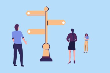 İş karar verme, kariyer yolu, iş yönetimi ya da başarı kavramı için doğru yolu seçmek, iş adamının çoklu yol işaretine bakıp hangi yolu seçeceğini düşünmesi.