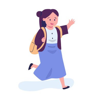 İlkokul veya ortaokul vektör ilüstrasyonuna giden kızlar ve erkekler. Mutlu öğrenciler sonbahar yapraklarıyla çevrili kitapları bembeyaz tutuyorlar. Sırt çantası ya da çantası olan çocukların koleksiyonu