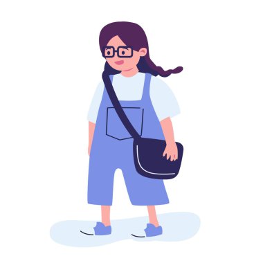 İlkokul veya ortaokul vektör ilüstrasyonuna giden kızlar ve erkekler. Mutlu öğrenciler sonbahar yapraklarıyla çevrili kitapları bembeyaz tutuyorlar. Sırt çantası ya da çantası olan çocukların koleksiyonu