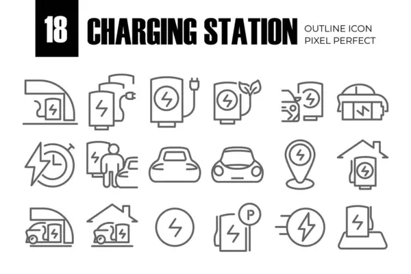Car Charging Station Related Vector Line Icons Contains Icons Electric — Archivo Imágenes Vectoriales