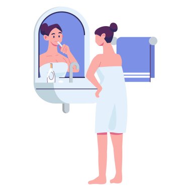 Kız dişlerini fırçalıyor düz stil illüstrasyon vektör tasarımı