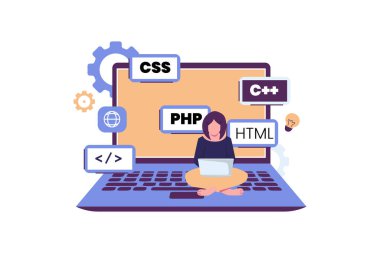Programlama ve kodlama teknolojileri ve mühendislik geliştirme. düz resimleme