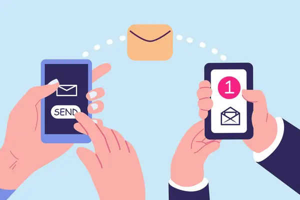 İleti bildirimi ile el ele tutuşun beyaz akıllı telefon, düğme düz illüstrasyon gönderin