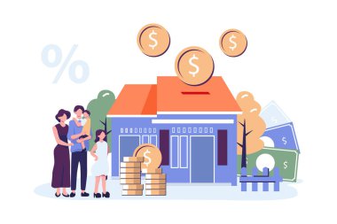 Aile konut kredisiyle emlak satın alıyor ve banka düz stil illüstrasyon vektör tasarımına kredi ödüyor