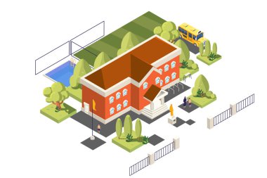 Sarı otobüs vektör çizimine sahip Isometric okul binası
