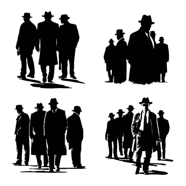 Вектор силуэта мафии, вектор силуэта детектива изолирован на белом фоне