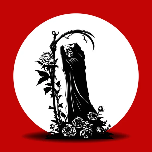 Τρομακτικός Χάρος Τριανταφυλλιές Μαύρο Περίγραμμα Διάνυσμα Τρομακτική Ζοφερή Σιλουέτα Θεριστή — Διανυσματικό Αρχείο