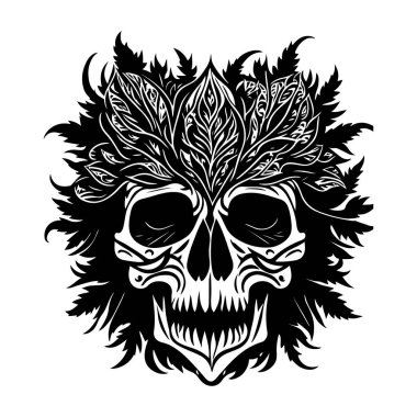 Çiçek desenli dekoratif kabile kafatası beyaz arka planda siyah ana hat vektörü