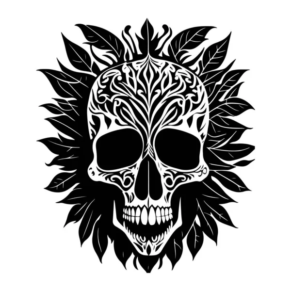 Crâne Tribal Décoratif Avec Motif Floral Vecteur Contour Noir Sur — Image vectorielle
