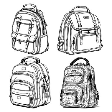 Okul çantası seti, kolej çantaları beyaz arka planda siyah ana hatlı vektör