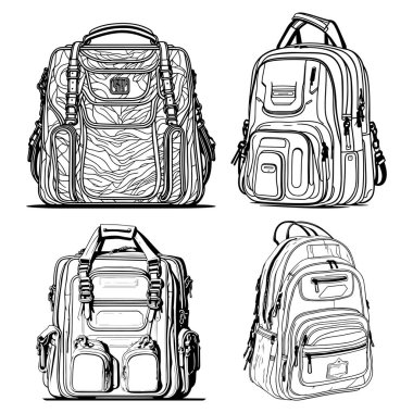 Okul çantası seti, kolej çantaları beyaz arka planda siyah ana hatlı vektör