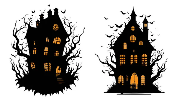 Feliz Halloween Scary Ghost House Con Murciélagos Vector Ilustración Noche — Vector de stock
