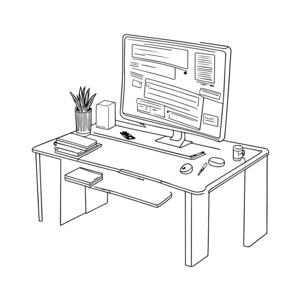 Computador Moderno Com Mesa Escritório Desenho Esboço Interior Vetor Isolado — Vetor de Stock