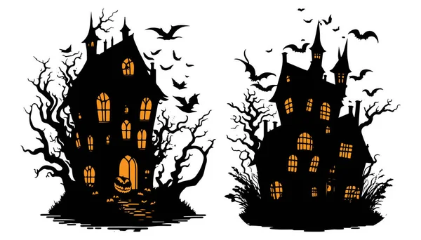 Feliz Halloween Scary Ghost House Con Murciélagos Vector Ilustración Noche — Vector de stock