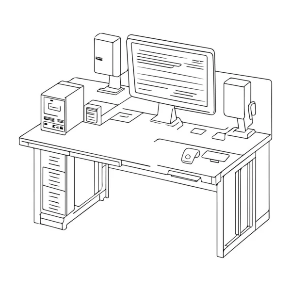 Dator Bildskärm Skrivbord Med Tangentbord Och Mus Vektor Grafisk Skiss — Stock vektor