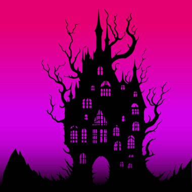 Fantezi Evi Vektörü, Ürkütücü Ev, Günbatımı Gece Şatosu