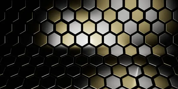 Altıgen perspektifli altın ve gümüş bal petekleri soyut arka plan, geometrik desen        