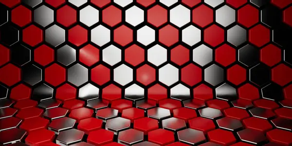 Altıgen perspektifli kırmızı ve gümüş bal petekleri arka plan, geometrik desen       