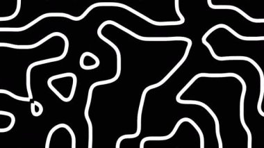 Siyah arka planda soyut, dalgalı, kalın beyaz çizgiler. Topografik coğrafya haritası. Canlandırma döngüsü 30 fps 4k