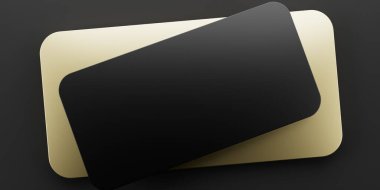 3D altın ve siyah dikdörtgen kartı siyah arka planda üst üste yerleştirin. Üst görünüm.