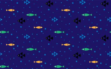 balık desenli geometrik şekiller mavi yeşil turuncu baloncuklar