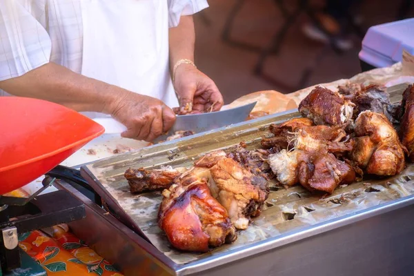 Een Bedrijf Dat Varkensvleescarnitas Verkoopt Traditioneel Voedsel Uit Mexico — Stockfoto
