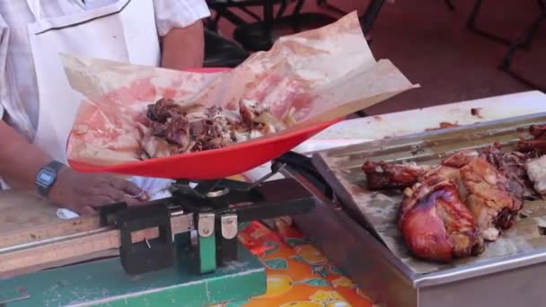 Ein Geschäft Das Schweinefleisch Carnitas Verkauft Traditionelle Lebensmittel Aus Mexiko — Stockvideo