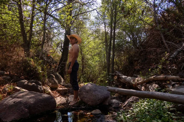 一个赤身露体的牛仔男子在小溪与树木 — 图库照片