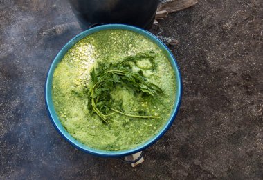 Meksika kırsalında mısır ve epazotla pişirilmiş yeşil bir pozolillo.