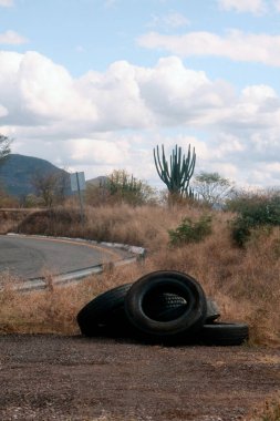 A Tires lying on the side of the road, with space for text clipart