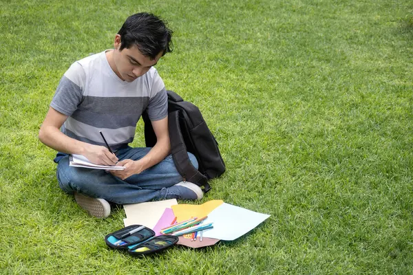 Estudiante Sentado Césped Escuela Escribiendo Bloc Notas Con Espacio Para Fotos De Stock Sin Royalties Gratis