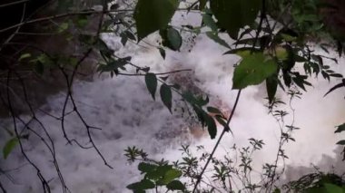 Güçlü bir şelale kayalık araziye dökülür ve çarpıcı bir akan su gösterisi yaratır. Sahne, çevrenin sükunetini artıran canlı yeşil yapraklar tarafından çerçevelenmiştir..
