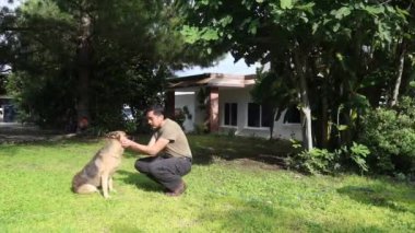 İnsanoğlu gün ışığında verimli bir bahçede köpekle etkileşime girer.