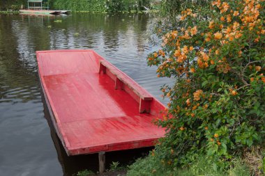 Meksika 'daki Xochimilco' da çiçeklerle birlikte canlı kırmızı trajinera