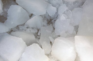 Büyük, düzensiz buz parçaları doğal ışıkta parlayan bir kabın içinde birbirine yakın bir şekilde paketlenir. Şeffaf buz parlak röfleleri yansıtıyor. Bu da yakın zamanda yapıldıklarını ya da toplandıklarını gösteriyor..