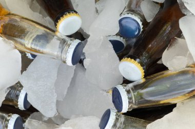Soğuk içeceklerle dolu birkaç şişe buz küplerinin arasına yerleşerek ferahlatıcı bir görüntü sağlıyor. Sahne büyük olasılıkla yaz toplantılarında ya da açık hava etkinliklerinde geçiyor..