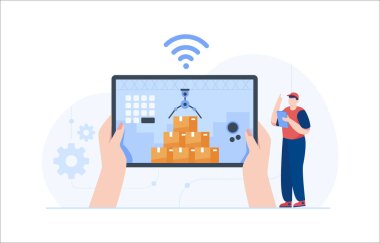 Robot Paket Toplama. Robot teknolojisi depoda. Vektör illüstrasyonu
