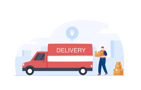 Delivery Truck Service Employees Unload Parcel Boxes Vans Vector Illustration — Stock Photo, Image