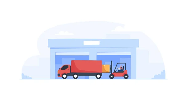 Werknemer Laadt Pakketten Vrachtwagen Een Man Die Vorkheftruck Bestuurt Vectorillustratie — Stockfoto