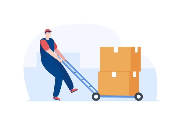 Magasinarbetare Man Som Kör Paketvagn Man Flyttar Vagnen Illustration — Stockfoto