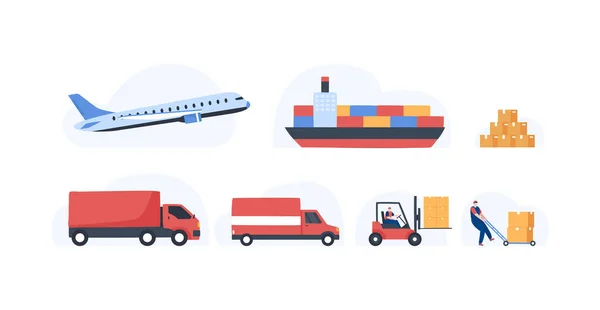 Global Logistics Delivery Cargo Export Import Car Airplane Ship Forklift — Stock Photo, Image