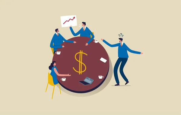召开财务计划会议获利 商业团队在一个会议上围绕着一个大的美元符号 说明1 — 图库照片