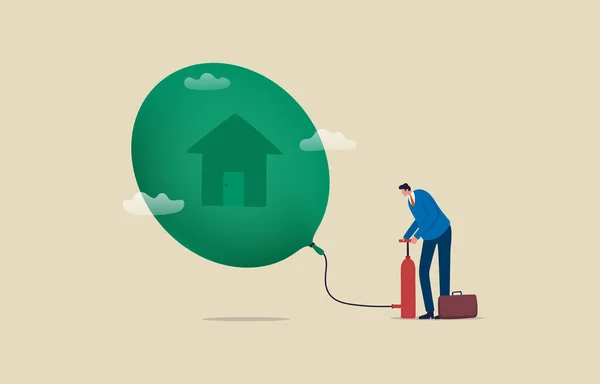 房地产或房地产泡沫 住房抵押贷款利率上升 房地产通货膨胀 商人用轮胎泵给房子的符号气球充气 — 图库照片