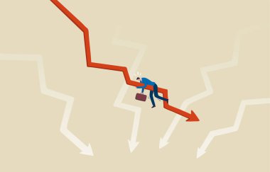 İş kaybı ya da başarısızlık. Borsa çöküyor. İşletme iflası. İşadamı yatırımcı Red Arrow grafiğini reddetti. resimleme