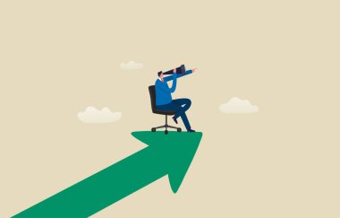 İş fırsatı ya da kariyer gelişimi. İş adamı teleskopla büyüme okuna bakıyor. resimleme