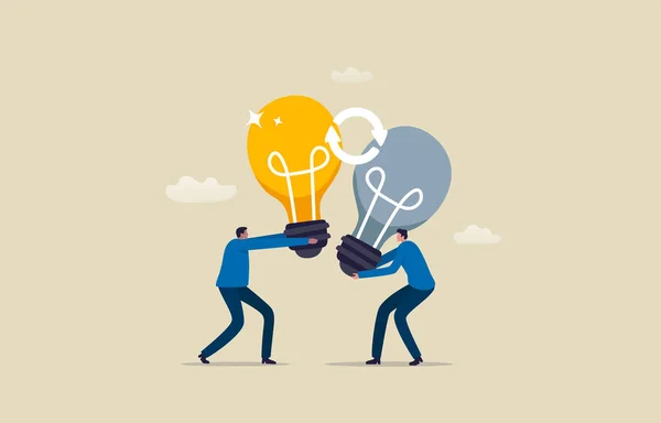 アイデアを交換する日 ブレーンストーミングと交換のアイデア 知識を共有する 2人の男が電球のアイデアを交換 イラスト — ストック写真