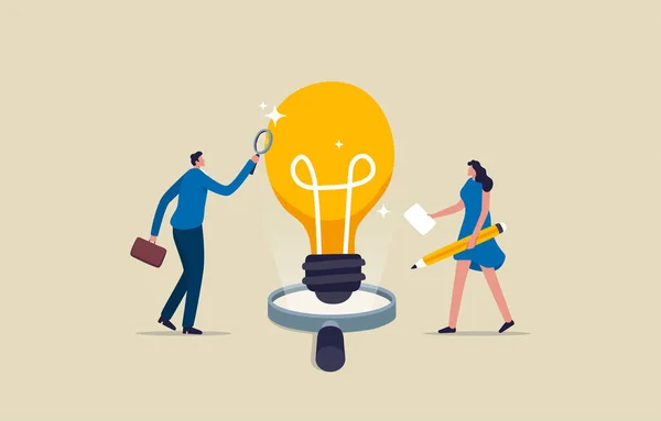 Business analysis. Explore and research business idea. Businessman and Business woman verify or validate light bulb. Illustration