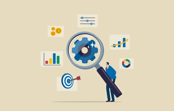 Marketing research charts. Data analysis and optimization for SEO. Businessman use magnifying glass and productivity tools to analyze charts. illustration